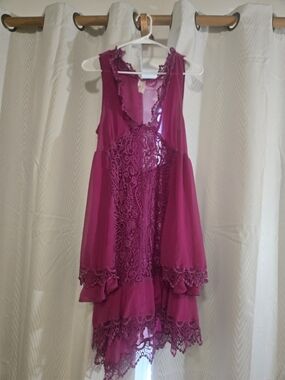 Free People Fuchsia Lace Tiered Chiffon Dress L 12